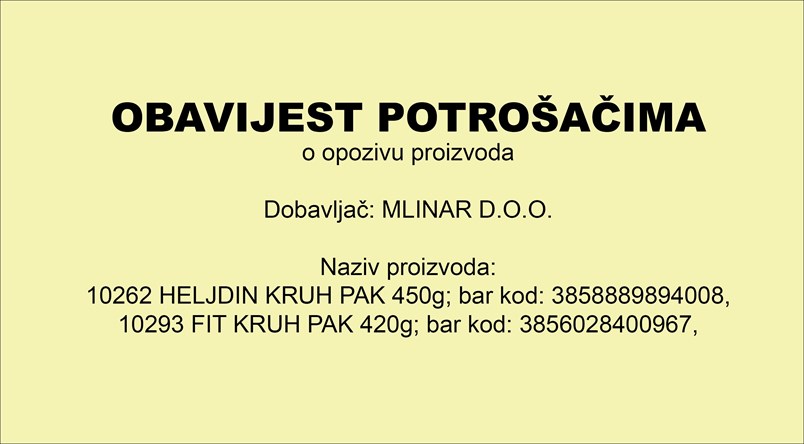 Obavijest o opozivu proizvoda Mlinar d.o.o.